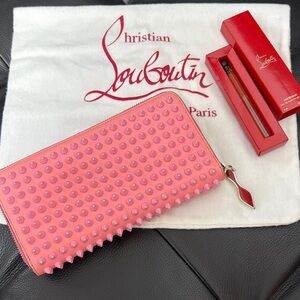 Christian Louboutin Pink Spiked Zip-Around Wallet with Dusty and Free Gift